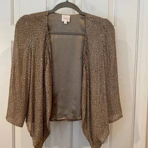 Dressy short beaded jacket size XS. Tan/gold color